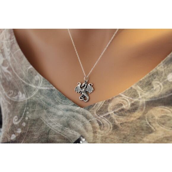 Sterling Silver Dragon Necklace, Silver Dragon Pendant Necklace - Picture 3 of 3